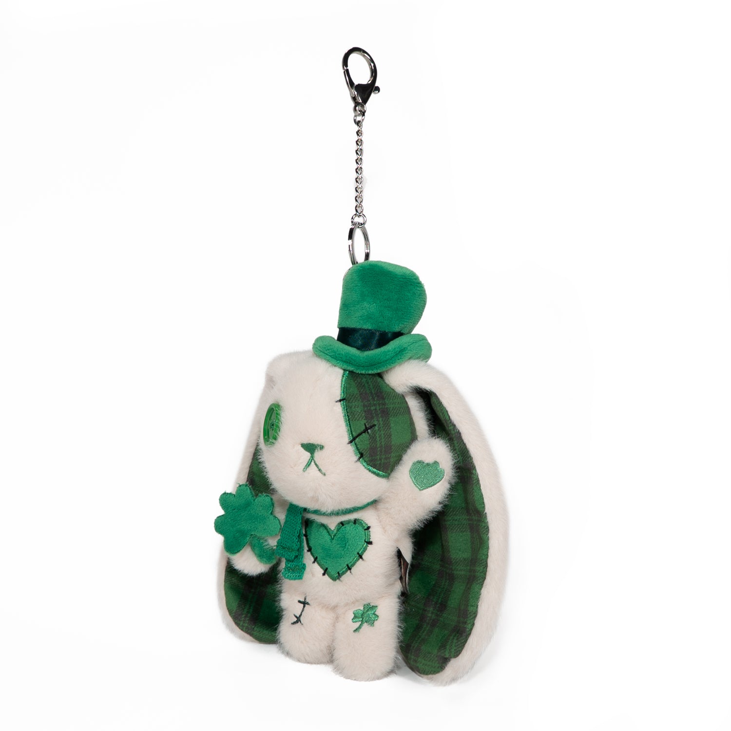 Lucky Love Rabbit Plush Keychain featuring a plush bunny with green plaid, top hat, shamrock, and heart details.