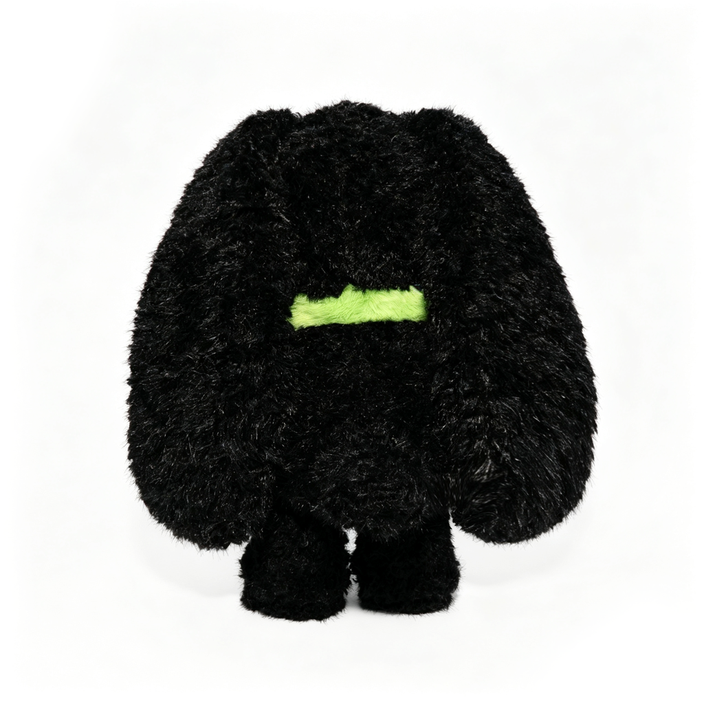 Plushie Dreadfuls Love Rabbit: black plush stuffed animal with floppy ears, neon green stripe, on white background.