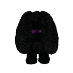 A fuzzy black Plushie Dreadfuls plush stuffed animal with floppy ears and a small purple line for eyes, standing upright.