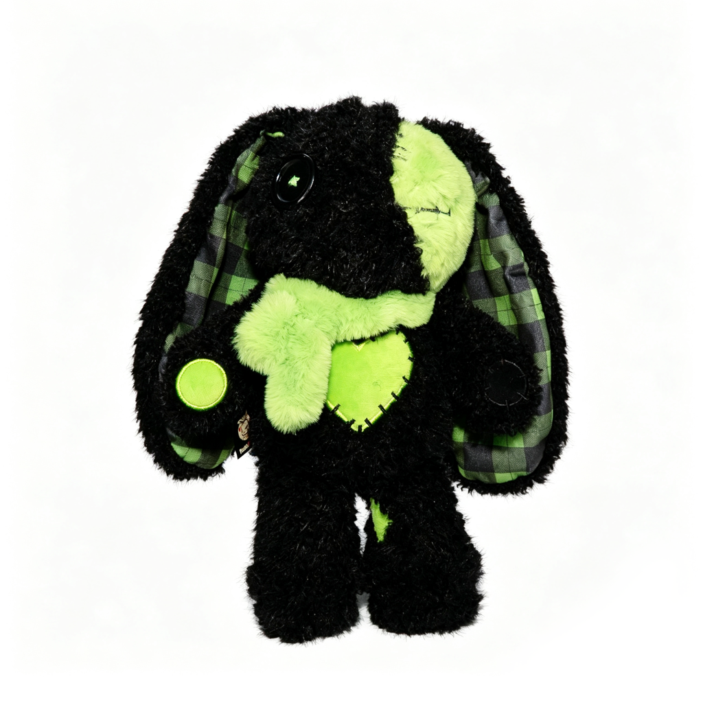 Love Rabbit black and green plushie with plaid ears, heart patch, and fuzzy scarf by Plushie Dreadfuls.