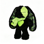 A Plushie Dreadfuls Love Rabbit: black plush stuffed animal with green accents, plaid ears, a heart patch, and a scarf.