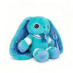 Plush blue Dysautonomia Rabbit with long floppy ears, white accents, and a blue ribbon sits on a white background.