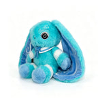 A blue plush Dysautonomia Rabbit with floppy ears, swirl designs, and a ribbon—perfect for dysautonomia awareness.