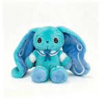 A fluffy blue Dysautonomia Rabbit with large droopy ears, white accents, and a blue ribbon around its neck.