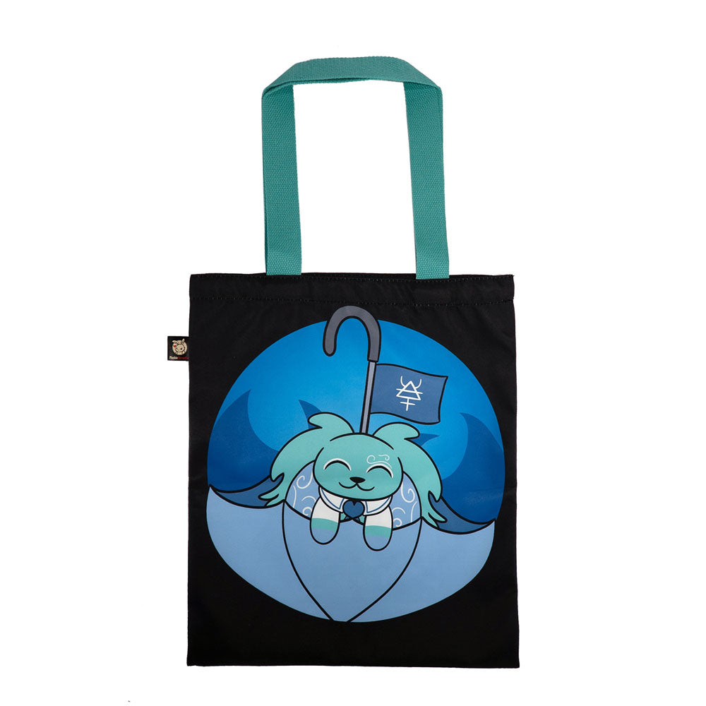 A black tote with teal handles features Dysautonomia Rabbit holding a flag while sitting in an umbrella.