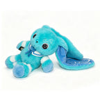 A fluffy blue Dysautonomia Rabbit plush with long ears, white accents, and a blue ribbon, lying on its side.