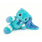 Blue and white Dysautonomia Rabbit plush with a droopy ear, spiral eyes, and a blue ribbon, sitting on its side.