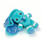 A fluffy blue Dysautonomia Rabbit plush with floppy ears, a blue bow, and a cape is lying on its side.
