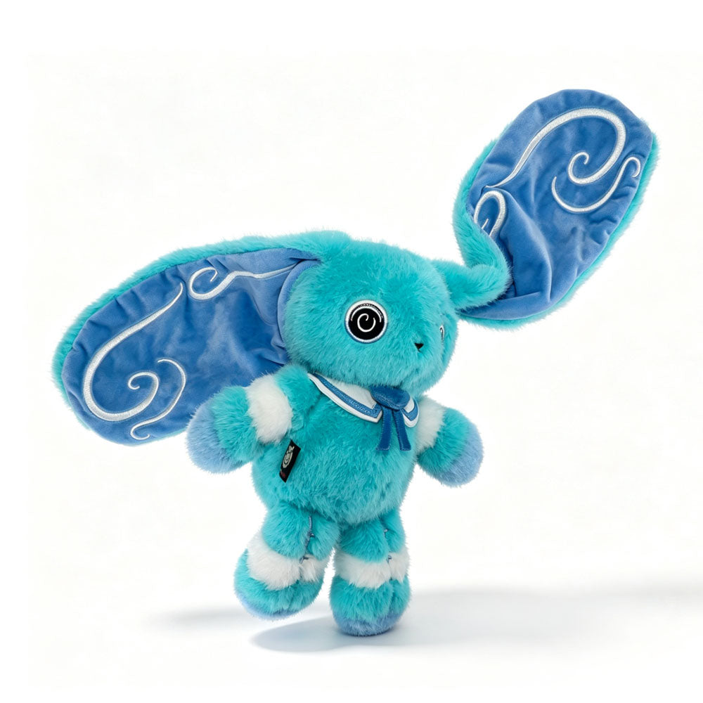 Dysautonomia Rabbit plush toy with large blue ears, swirling patterns, white stripes, and a blue scarf.