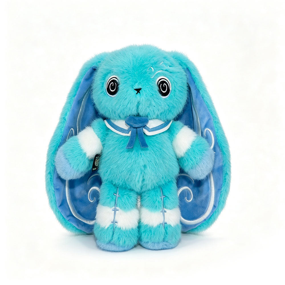 Blue plush Dysautonomia Rabbit with white stripes, floppy ears, sailor collar, and a blue ribbon bow stands facing forward.