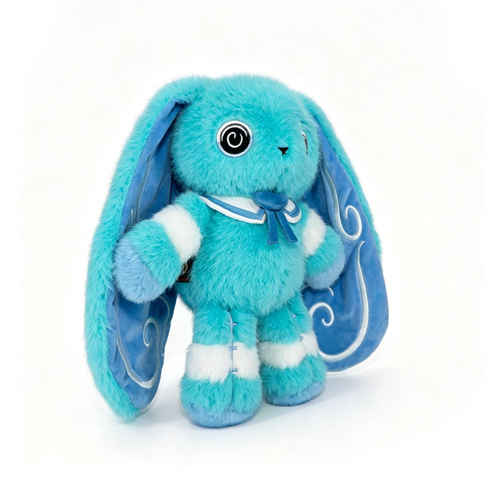 Blue plush Dysautonomia Rabbit with long ears, spiral eyes, striped legs, and sailor collar stands on white background.