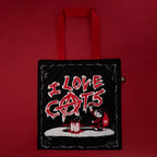 Autographed Emily the Strange and Plushie Dreadful Rabbit collaboration collector set with a black and red goth bunny plush toy, an I Love Cats canvas tote bag, ink pen, coin purse, and signed card by American McGee and Rob Reger.
