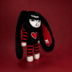 Autographed Emily the Strange and Plushie Dreadful Rabbit collaboration collector set with a black and red goth bunny plush toy, an I Love Cats canvas tote bag, ink pen, coin purse, and signed card by American McGee and Rob Reger.