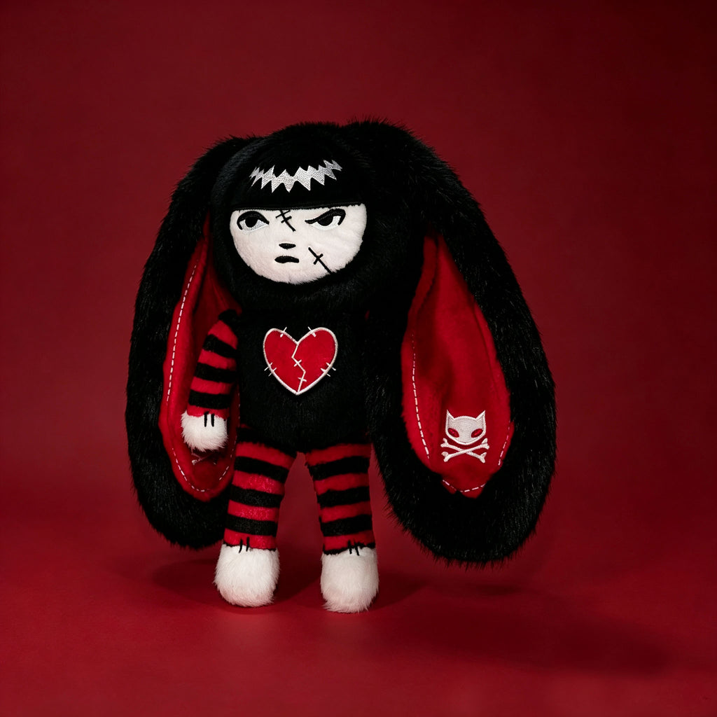 Autographed Emily the Strange and Plushie Dreadful Rabbit collaboration collector set with a black and red goth bunny plush toy, an I Love Cats canvas tote bag, ink pen, coin purse, and signed card by American McGee and Rob Reger.