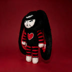 Autographed Emily the Strange and Plushie Dreadful Rabbit collaboration collector set with a black and red goth bunny plush toy, an I Love Cats canvas tote bag, ink pen, coin purse, and signed card by American McGee and Rob Reger.