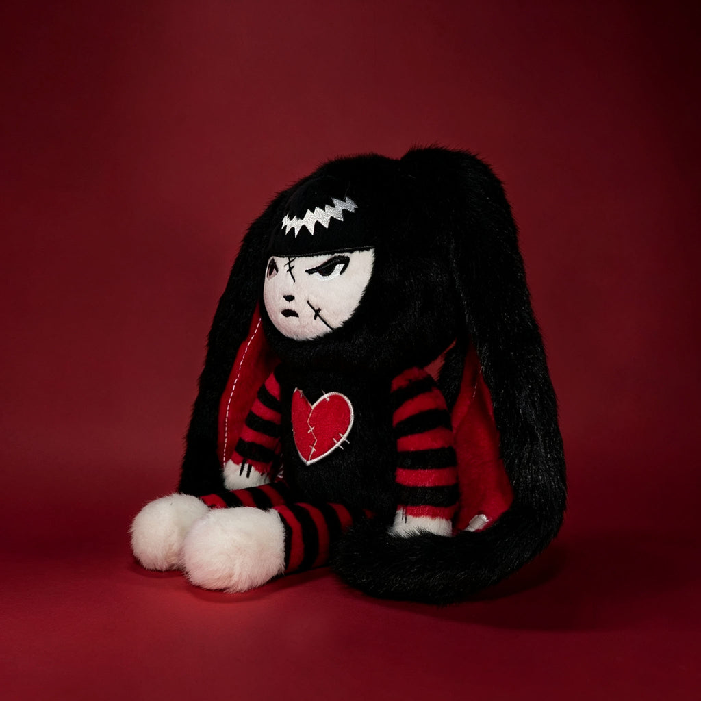 Autographed Emily the Strange and Plushie Dreadful Rabbit collaboration collector set with a black and red goth bunny plush toy, an I Love Cats canvas tote bag, ink pen, coin purse, and signed card by American McGee and Rob Reger.