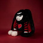 Autographed Emily the Strange and Plushie Dreadful Rabbit collaboration collector set with a black and red goth bunny plush toy, an I Love Cats canvas tote bag, ink pen, coin purse, and signed card by American McGee and Rob Reger.