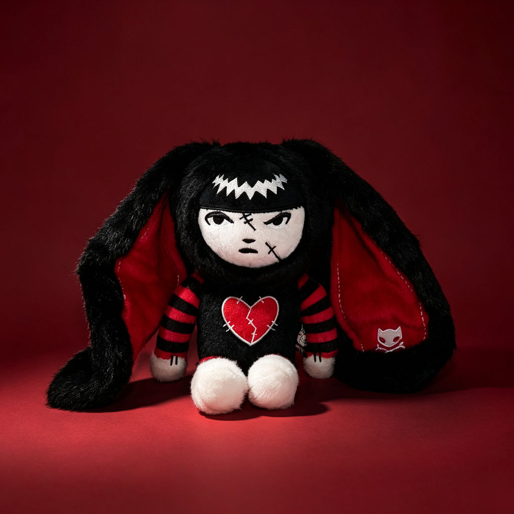 Autographed Emily the Strange and Plushie Dreadful Rabbit collaboration collector set with a black and red goth bunny plush toy, an I Love Cats canvas tote bag, ink pen, coin purse, and signed card by American McGee and Rob Reger.