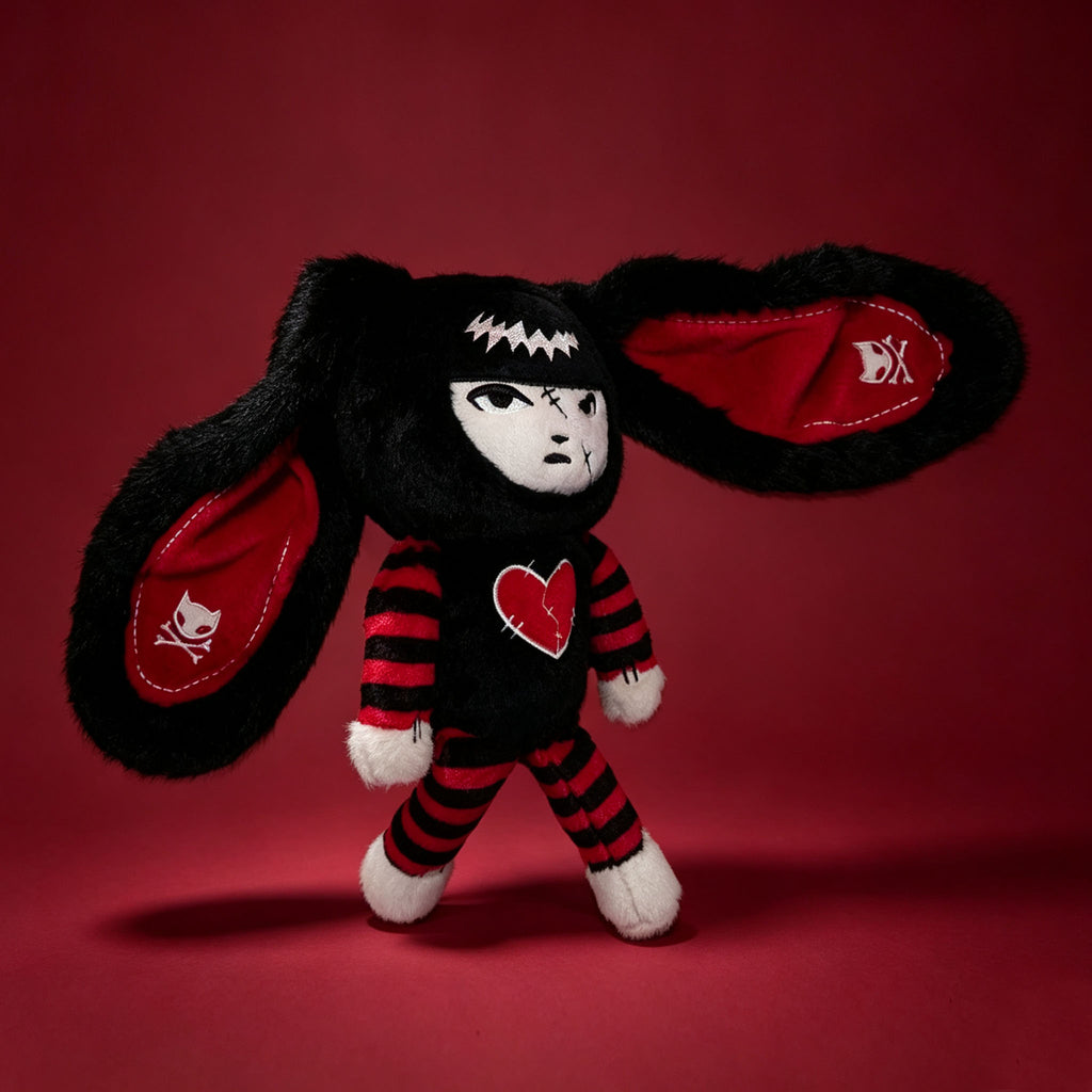 Autographed Emily the Strange and Plushie Dreadful Rabbit collaboration collector set with a black and red goth bunny plush toy, an I Love Cats canvas tote bag, ink pen, coin purse, and signed card by American McGee and Rob Reger.