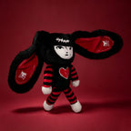 Autographed Emily the Strange and Plushie Dreadful Rabbit collaboration collector set with a black and red goth bunny plush toy, an I Love Cats canvas tote bag, ink pen, coin purse, and signed card by American McGee and Rob Reger.