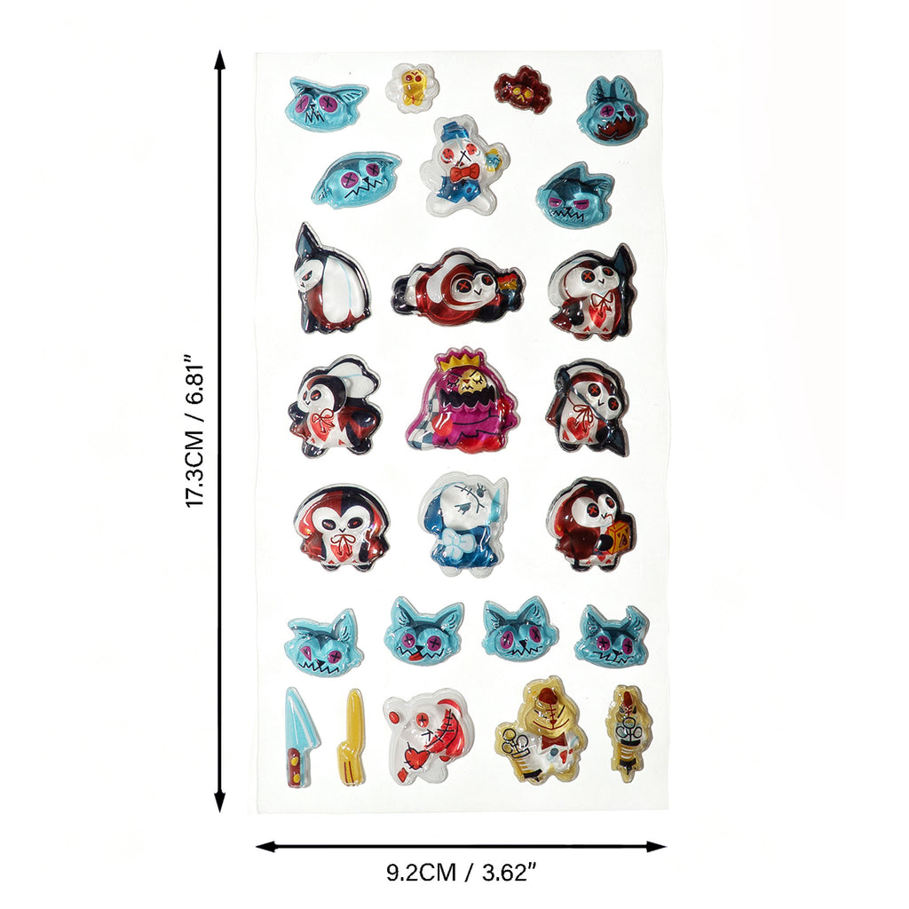 A sheet of small cartoon character patches or appliqués displayed on a white background, with measurement arrows and text indicating the sheet is 17.3 cm by 9.