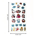 A sheet of small cartoon character patches or appliqués displayed on a white background, with measurement arrows and text indicating the sheet is 17.3 cm by 9.