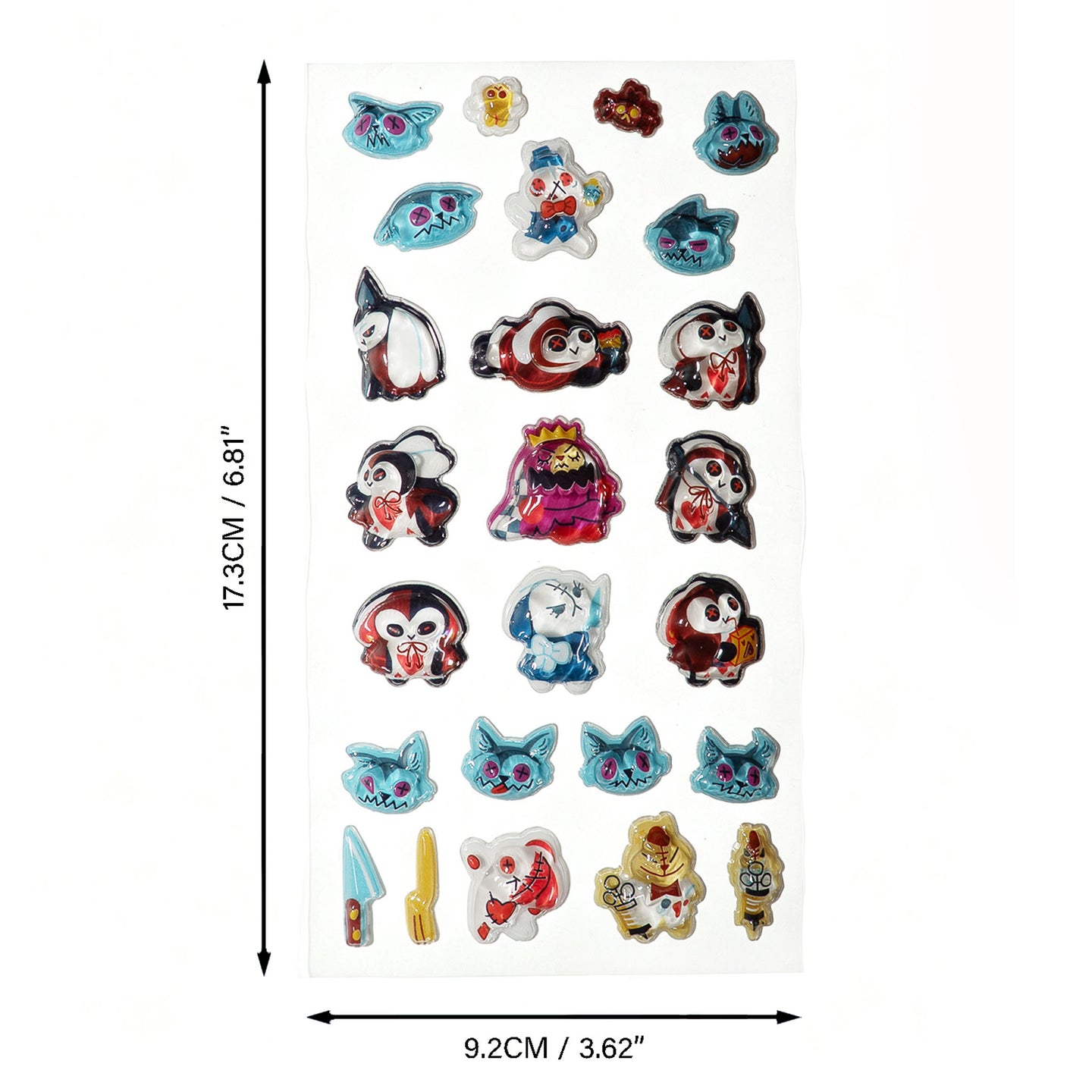 A sheet of small cartoon character patches or appliqués displayed on a white background, with measurement arrows and text indicating the sheet is 17.3 cm by 9.