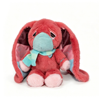 Plush pink bunny with droopy ears, blue mask and scarf—an awareness rabbit perfect as a Long COVID plushie gift.