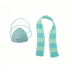 A blue knit face mask and blue-and-white striped scarf—perfect as a chronic illness gift or Long COVID plushie accessory.