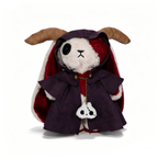 A Plushie Dreadfuls bunny with horns, a purple horned cloak, and a skull accessory on its chest.