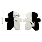 Black and white Plushie Dreadfuls dog hoodie with heart patch, fits regular sized plushies. 29 cm long, front and back shown.