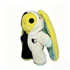 Plush yellow bunny with long ears, wearing a plushie jumpsuit hoodie in true Plushie Dreadfuls style.