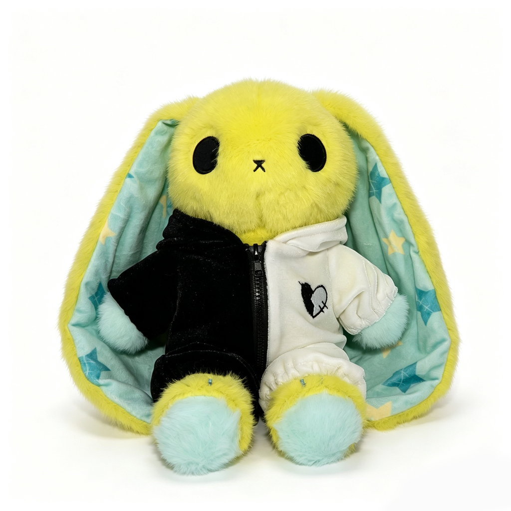 Plushie Dreadfuls yellow bunny with long ears, blue star ear lining, half-black, half-white hoodie; regular sized plushie.