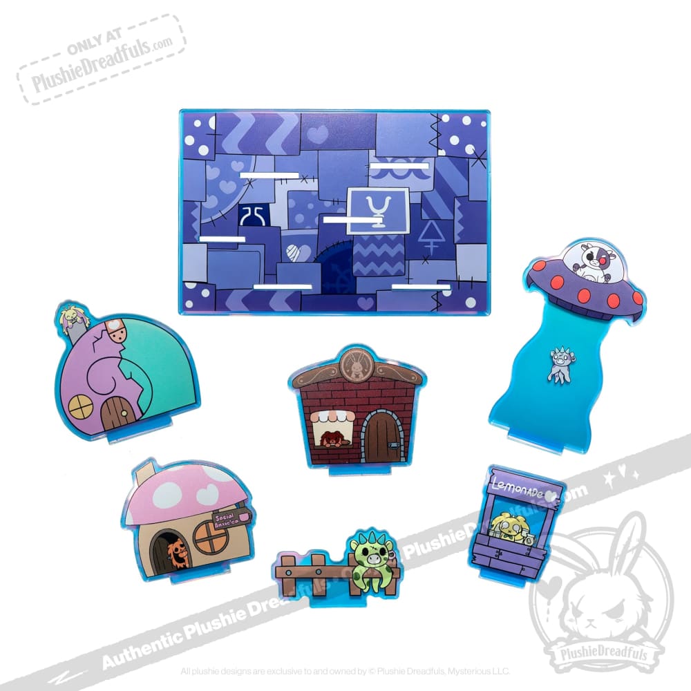 Six colorful cartoon house and standee pieces form a customizable display set on a blue puzzle-patterned board.