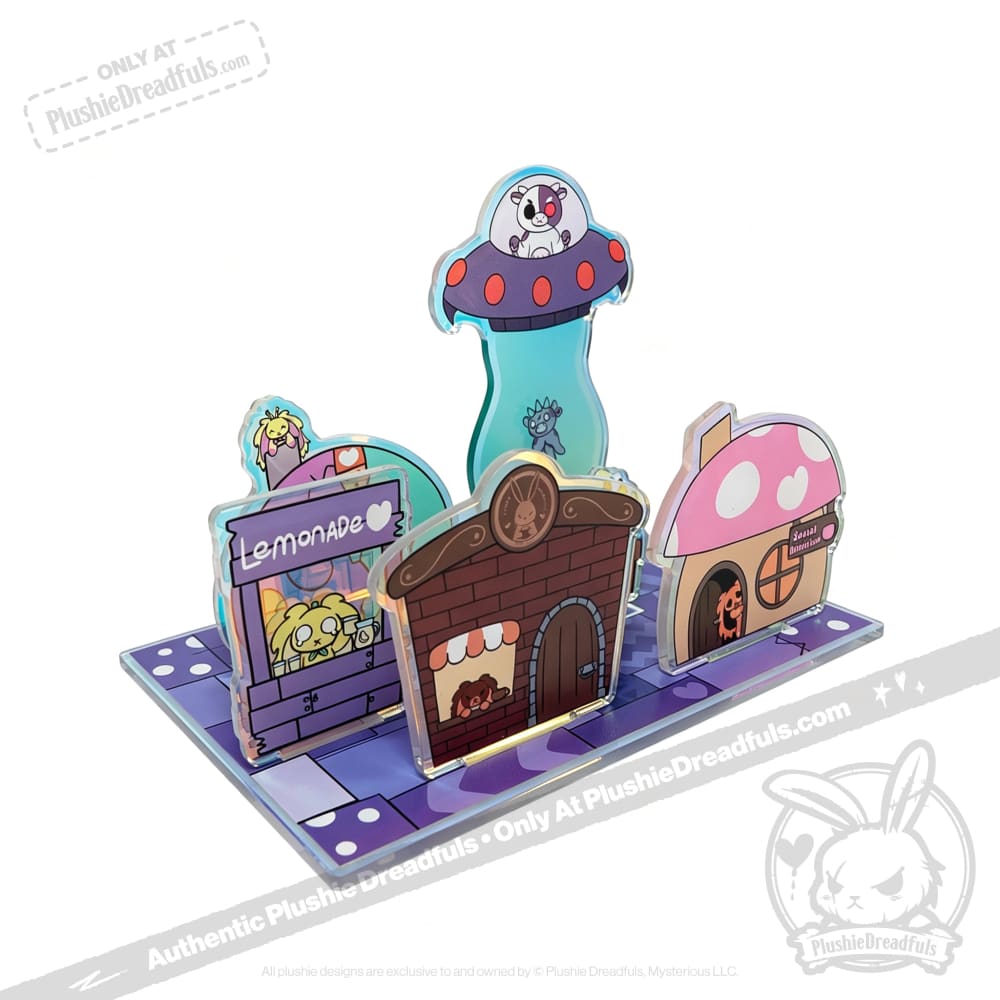 Colorful Plushie Dreadfuls Acrylic Standee Set with cartoon shops, a dog UFO, and modular acrylic pieces on base.
