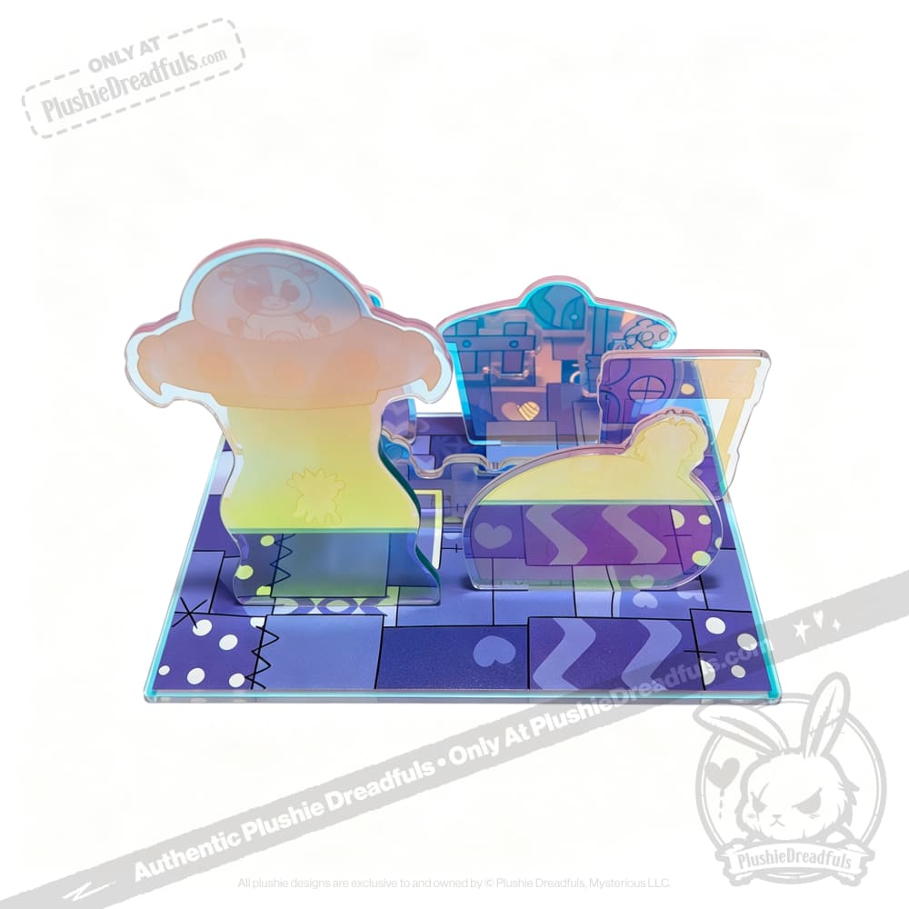 Colorful modular acrylic pieces on a blue board, perfect for a Plushie Dreadfuls Acrylic Standee Set display.