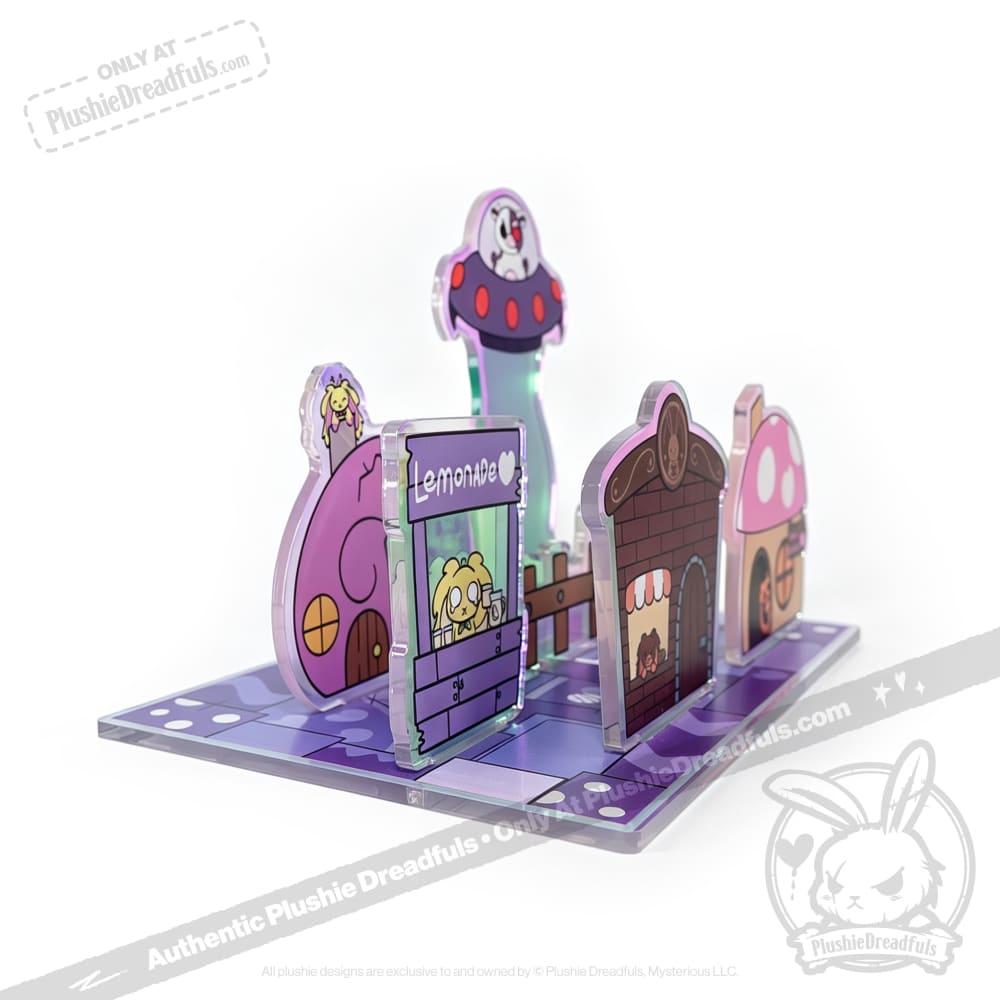 Colorful Plushie Dreadfuls Acrylic Standee Set of whimsical cartoon buildings on a modular, customizable checkered base.