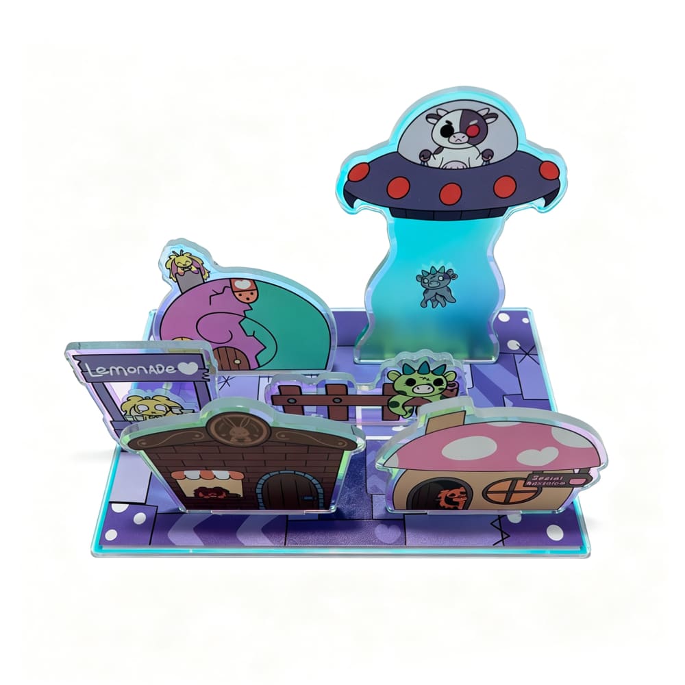 Colorful Plushie Dreadfuls Acrylic Standee Set with cartoon animals, a UFO, and customizable modular acrylic pieces.