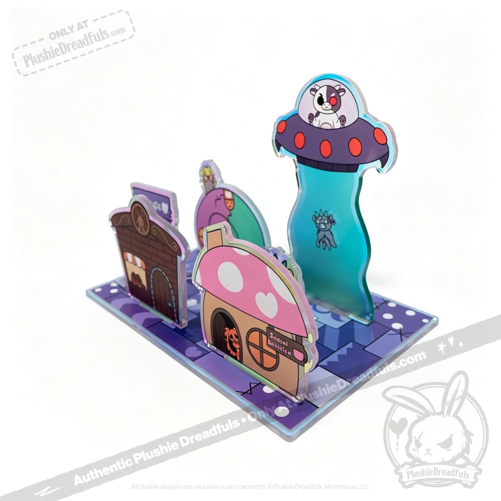 Colorful Plushie Dreadfuls Acrylic Standee Set with houses, UFO alien, and animals on a customizable checkered base.