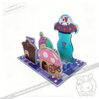Colorful Plushie Dreadfuls Acrylic Standee Set with houses, UFO alien, and animals on a customizable checkered base.