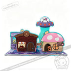 Cartoon buildings, UFO cat, lemonade stand, and Social Anxiety dog as a Plushie Dreadfuls Acrylic Standee Set.
