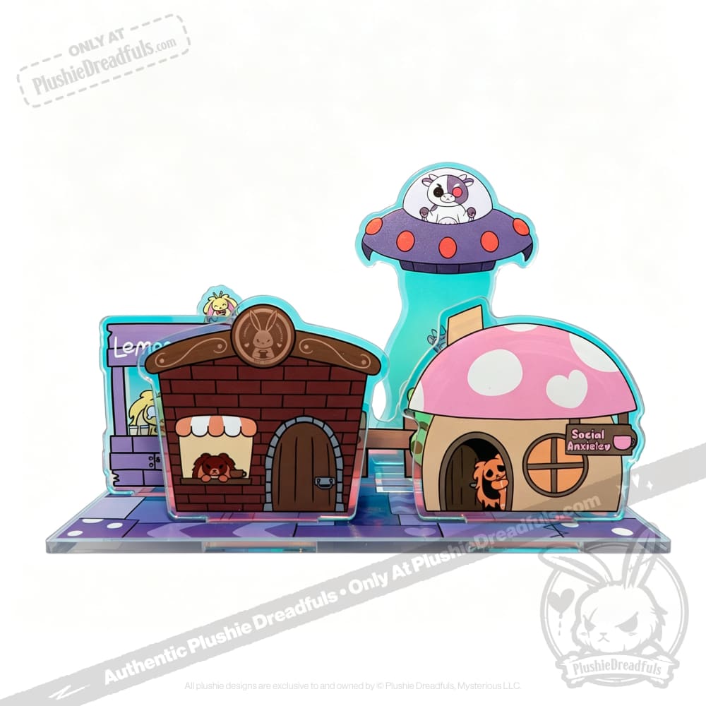 Cartoon buildings, UFO cat, lemonade stand, and Social Anxiety dog as a Plushie Dreadfuls Acrylic Standee Set.
