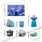 Puzzle pieces from the Plushie Dreadfuls Acrylic Standee Set form a customizable display set with cartoon houses and stands.
