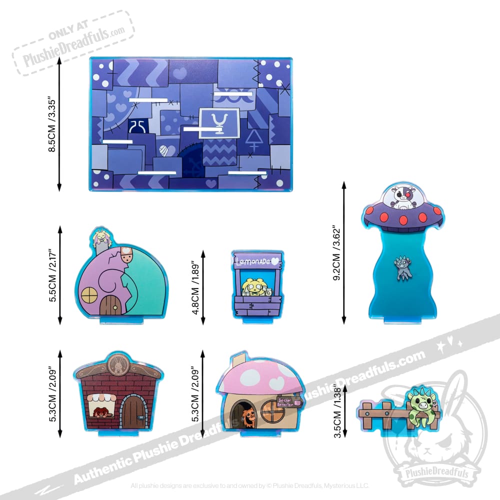 Puzzle pieces from the Plushie Dreadfuls Acrylic Standee Set form a customizable display set with cartoon houses and stands.