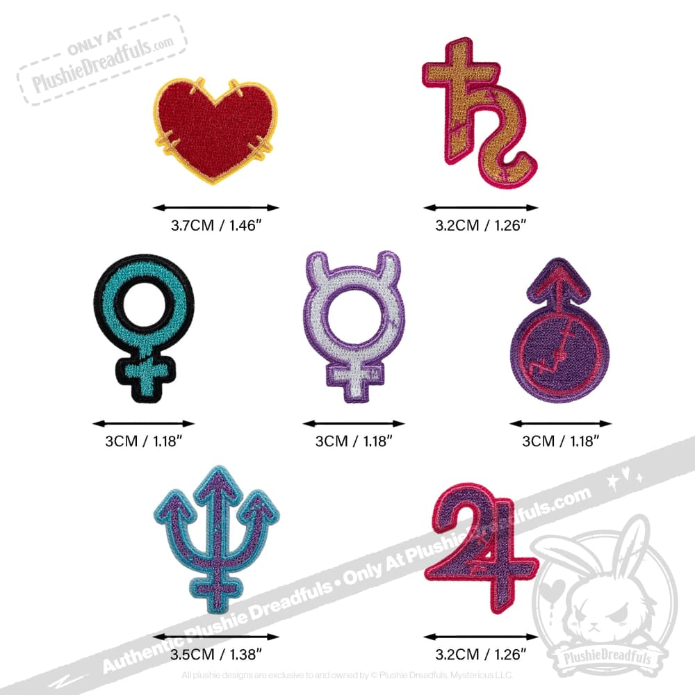 Six colorful embroidered planetary sign patches with size measurements shown below each on a white background.