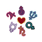 Seven colorful gender symbols and a heart patch arranged in a circle like planetary sign patches on a white background.