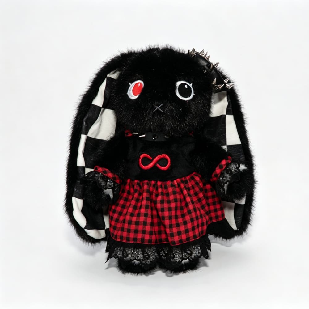 Goth Autism Bun: Plush black rabbit in red plaid dress, spiked headband, and red infinity symbol on its chest.