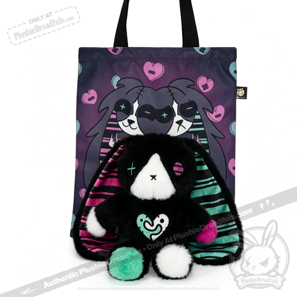 Plush bunny with colorful ears sits by a matching tote—an ideal emotional support bunny and thoughtful mental health gift.