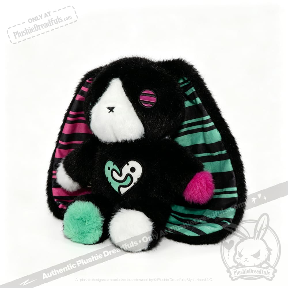 Plush black bunny with mismatched paws and striped ears—an emotional support bunny perfect as a mental health gift.