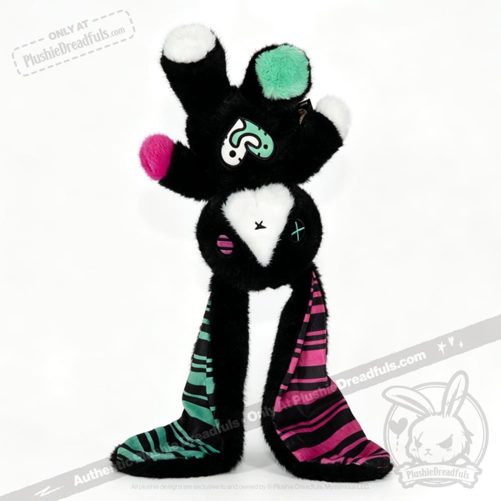 Plush toy bunny with long striped ears, black fur, and white face—an adorable emotional support bunny gift.